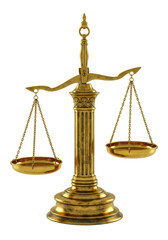 A magnificent, slightly unbalanced antique golden balance scale of justice with ornate baroque detailing, highly detailed 3d render against a transparent background. Concept of dynamic legal