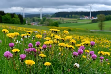 Vibrant dandelions and clover in a spring meadow with wind turbines on the horizon.