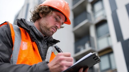 A construction worker in safety gear meticulously reviews documents, near a modern building
