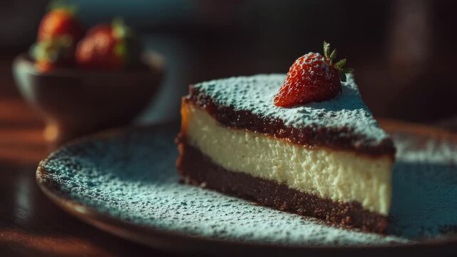 A slice of layered cheesecake with a chocolate crust, topped with a strawberry, dusted with powdered sugar.