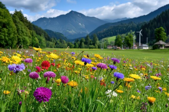 Vibrant wildflowers and mountain landscape with distant wind turbines.