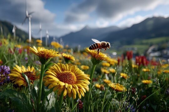 A bee flying towards vibrant yellow flowers in a scenic mountain meadow.