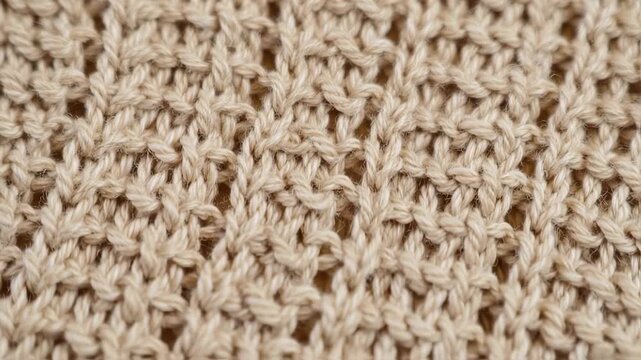 A close-up of textured, beige knitted fabric. Detailed pattern of loops and stitches visible