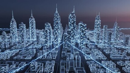 Futuristic city skyline with glowing skyscraper lights and electric blue energy streams, digital technology powering urban night environment with dynamic light trails and advanced electric arcs - Powered by Adobe