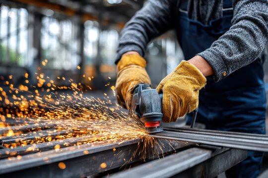 Worker operating an angle grinder, producing brilliant sparks on metal.