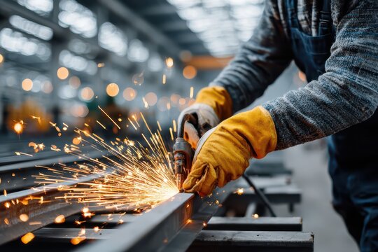 Skilled industrial worker grinding metal, creating vibrant sparks in a workshop. - Powered by Adobe