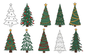 Christmas Trees Illustration Set Variety of Decorated Evergreen Holiday Fir Trees with Stars