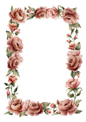 Rose flower frame. Dusty pink garden flowers floral arrangement. Watercolor hand painted floral isolated illustration for wedding design, home textile, porcelain crockery, cosmetic package, labels
