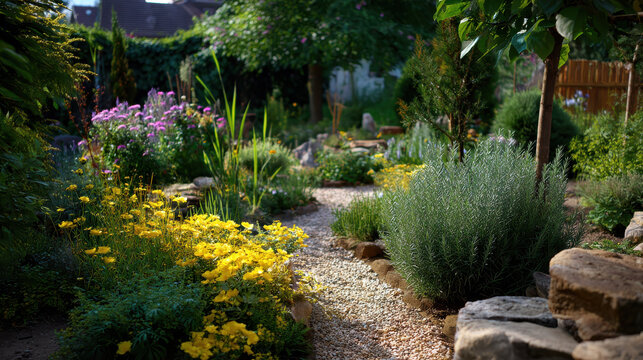Serene garden pathway surrounded by vibrant flowers and lush greenery promotes holistic health and tranquility in nature embrace