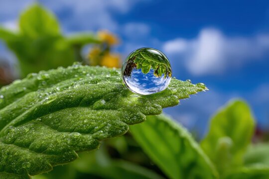 Close-up of a perfect water droplet on a green leaf reflecting blue sky and clouds.