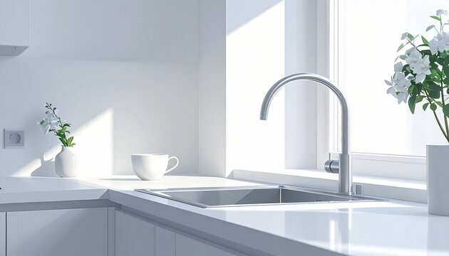 柔らかな白色トーンで仕上げられたミニマルなキッチネットの一角に、シンクのそばへカップが一つだけ置かれた静かな構図。
清潔で整ったラインが、落ち着いた生活空間やケア施設の簡易キッチンスペースを想起させる。
住宅・ケア施設・設備紹介・インテリア関連のテーマに幅広く活用可能。 - Powered by Adobe