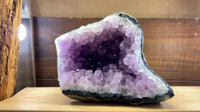 A geode filled with amethyst crystals sits on wood. A wooden board is behind. Light glows