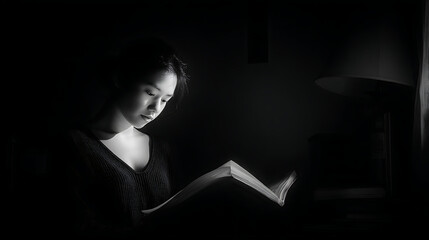 A studious woman reading under a dim light during a break from her journey (1)