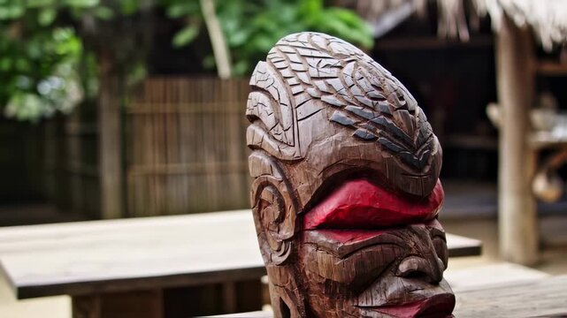 Carved wooden sculpture of a face with red accents, set on a wooden surface with blurred background