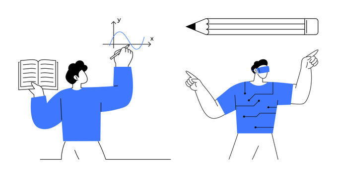 Person reading with graph, figure using virtual reality, pencil. Ideal for education, technology, innovation, creativity, digital transformation data analysis futuristic ideas. Simple flat metaphor