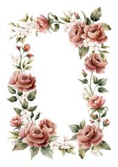 Rose flower frame. Pink garden flowers rectangular arrangement. Watercolor hand painted floral isolated illustration for wedding design greeting card invitation home textile cosmetic package labels