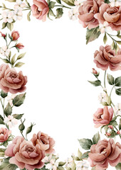 Rose flower frame. Pink garden flowers rectangular arrangement. Watercolor hand painted floral isolated illustration for wedding design greeting card invitation home textile cosmetic package labels