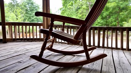 A wooden rocking chair sits on a porch overlooking a lush green landscape. The scene exudes peace and relaxation
