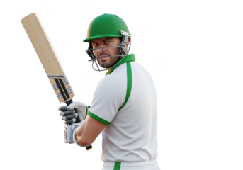 Cricket player in white and green uniform with bat, ready to play, isolated isolated on transparent background