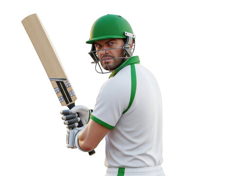 Cricket player in white and green uniform with bat, ready to play, isolated isolated on transparent background