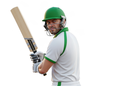 Cricket player in white and green uniform with bat, ready to play, isolated isolated on transparent background