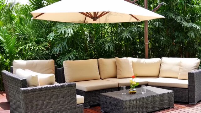 Cozy outdoor seating area with beige cushions, under a beige umbrella, surrounded by lush greenery