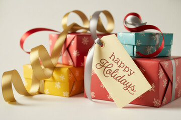 Festive holiday gifts wrapped in cheerful paper with ribbons convey joy and celebration perfect for seasonal promotions and marketing campaigns