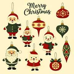 Illustration of various Christmas ornaments, including Santa Claus figures and decorative baubles, against a beige background with "Merry Christmas" text.