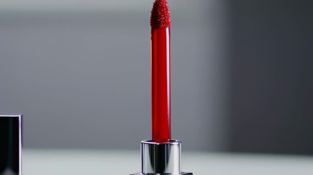 Close-up of a vibrant red cosmetic applicator. It showcases a shiny, detailed applicator with a textured tip