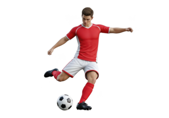 Young man playing soccer, kicking ball isolated on black background isolated on transparent background