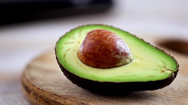 Half avocado with seed, on a wood cutting board; focus on textures, colors. Soft lighting