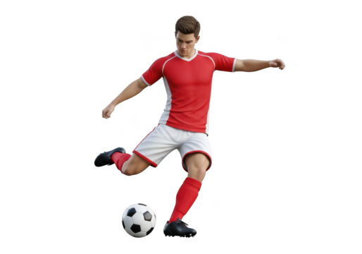 Young man playing soccer, kicking ball isolated on black background isolated on transparent background - Powered by Adobe