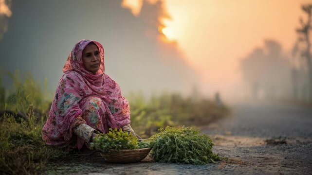 A woman in a pink patterned scarf sits by the roadside with a basket of fresh greens, likely selling produce.