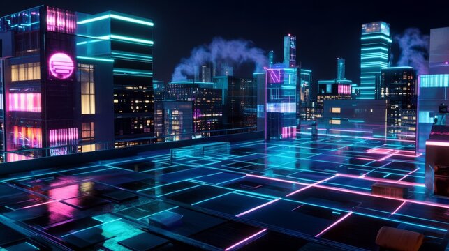 Futuristic urban landscape with neon lights and reflective surfaces, showcasing a vibrant city skyline at night with a cyberpunk aesthetic and digital elements