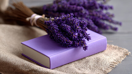 Beautiful lavender bouquet rests on purple book, symbolizing holistic health and tranquility in serene setting