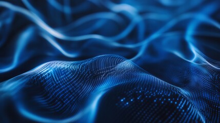Abstract blue wave patterns with glowing light effects create a dynamic visual experience, showcasing fluid motion and depth in a digital landscape