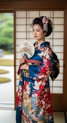 Fototapeta premium Elegant Japanese Woman in Kimono with Fan in Traditional Setting.