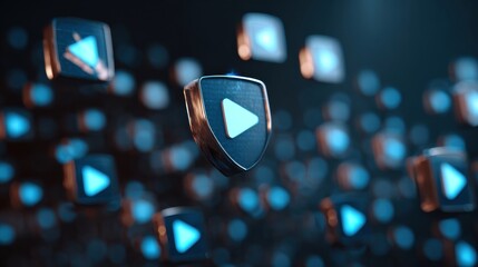 Watermark Icons Representing Digital Copyright Protection Float Against a Dark Backdrop in a Modern Streaming Environment