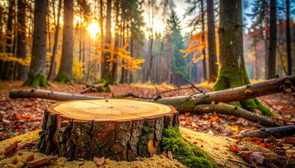 Fresh tree stump in quiet forest, sawdust scattered around, fallen branch nearby, blurred background
