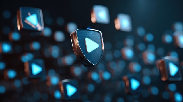 Watermark Icons Representing Digital Copyright Protection Float Against a Dark Backdrop in a Modern Streaming Environment