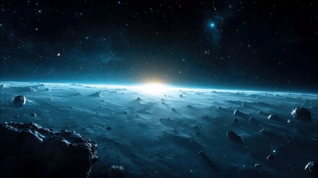 A vast, alien planet surface covered in rocks and debris, with a bright sunrise on the horizon against a starry night sky. The scene is dark and blue, evoking a