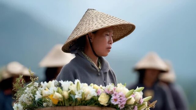 A person wearing a woven conical hat stands beside a basket of flowers outdoors.