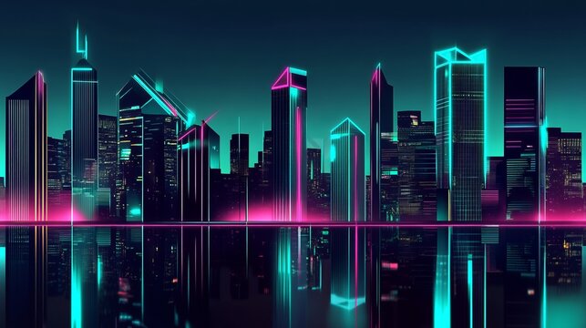 Futuristic city skyline at night with neon lights reflecting on water, showcasing modern architecture and vibrant colors in a digital landscape