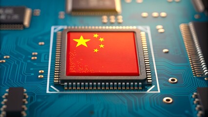 China technology concept with national flag on electronic microchip
