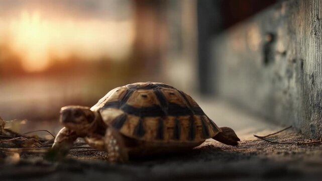 A small turtle crawling along a sunlit dirt path beside a wall at sunset.