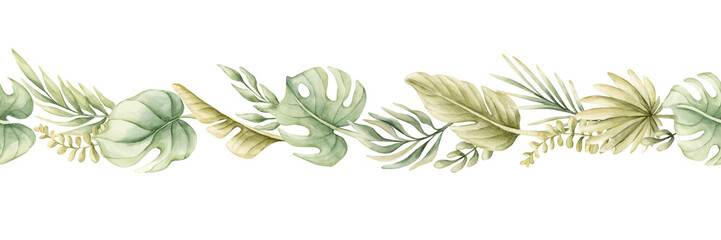 Monstera Palm Leaves seamless border. Tropical Exotic green plants. Watercolor hand painted summer pastel neutral isolated illustration on white background for nursery kids baby safari design package © Leyla