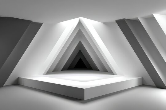 Monochrome futuristic tunnel with triangular portal, a gateway to the unknown, featuring sharp angles and geometric design, creating a sense of minimalist abstract architecture.