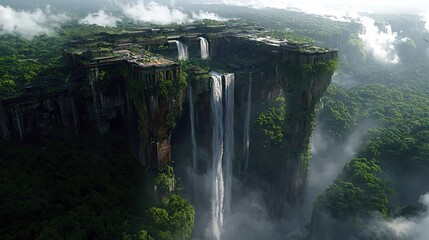An ancient, overgrown architectural structure perched precariously on a steep cliff face, with multiple waterfalls plunging into a dense, misty jungle. The scen