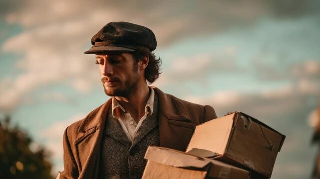 A man wearing a flat cap and brown coat carries stacked cardboard boxes outdoors.