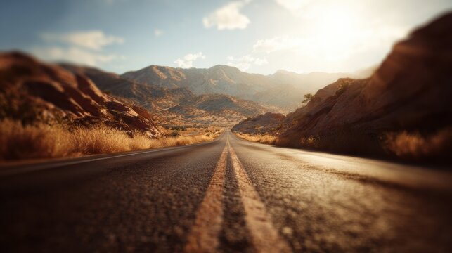 Beautiful Winding Road Through Desert Landscape at Sunset With Mountains in Background - Powered by Adobe